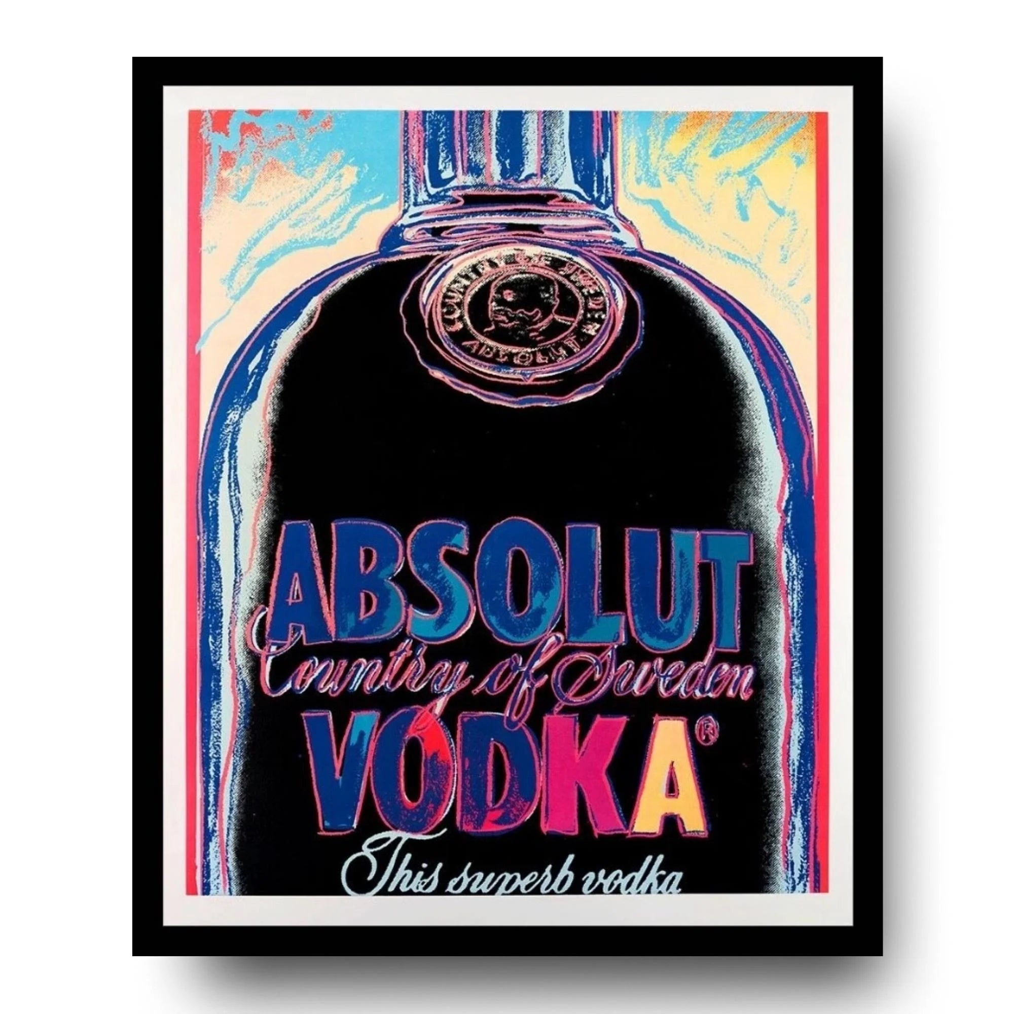 Framed artwork of an Absolut Vodka bottle with colorful abstract design